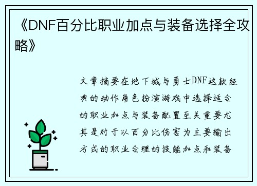 《DNF百分比职业加点与装备选择全攻略》