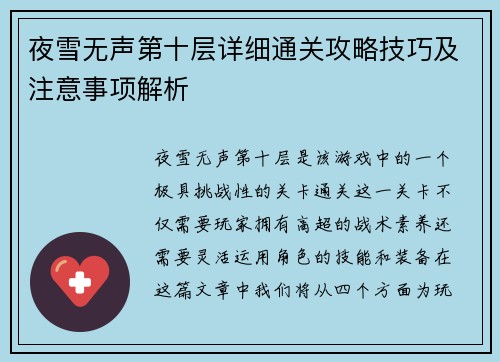 夜雪无声第十层详细通关攻略技巧及注意事项解析