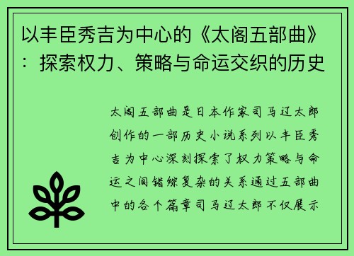以丰臣秀吉为中心的《太阁五部曲》:探索权力、策略与命运交织的历史传奇 以丰臣秀吉为中心的《太阁五部曲》:探索权力、策略与命运交织的历史传奇